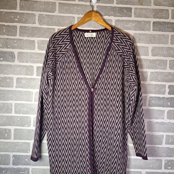 Vintage Wool Cashmere 90s Chevron Purple Gray Print Womens Cardigan Size Large - Picture 3 of 13